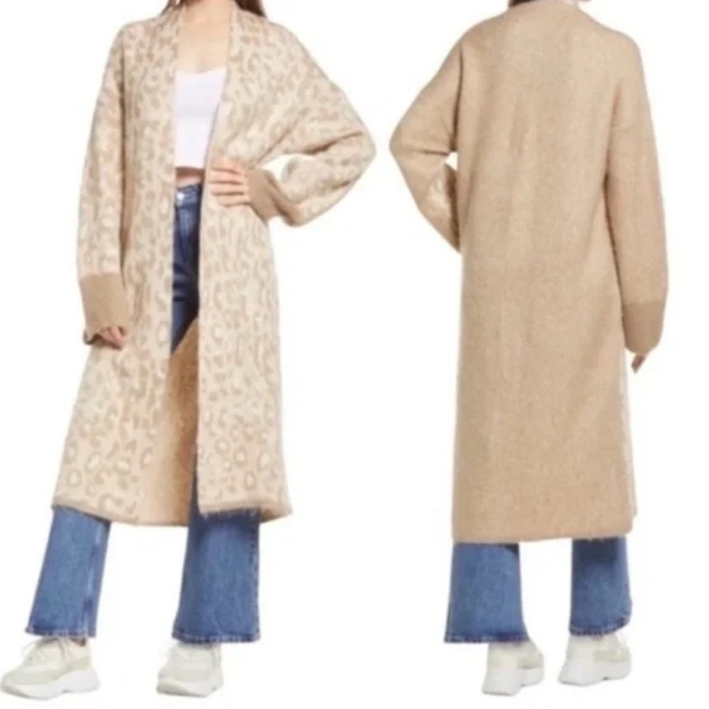 Topshop Long Cheetah Knit Maxi Duster Cardigan Tan Cream XS Sweater